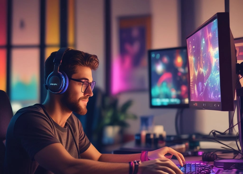 Futuristic home with sleek technology devices glowing softly in a modern living room.