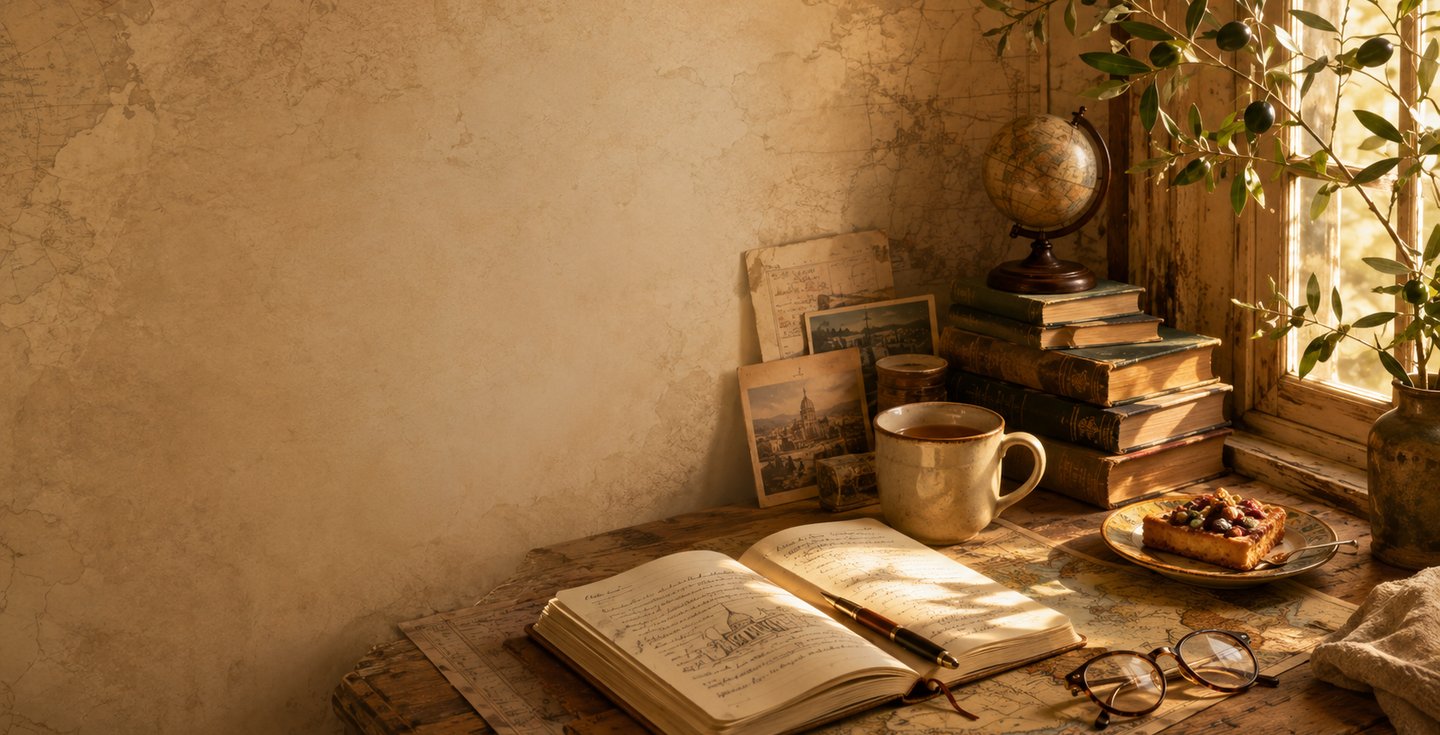 Vintage writing desk with an open journal, antique books, a globe, and coffee by a sunlit window.