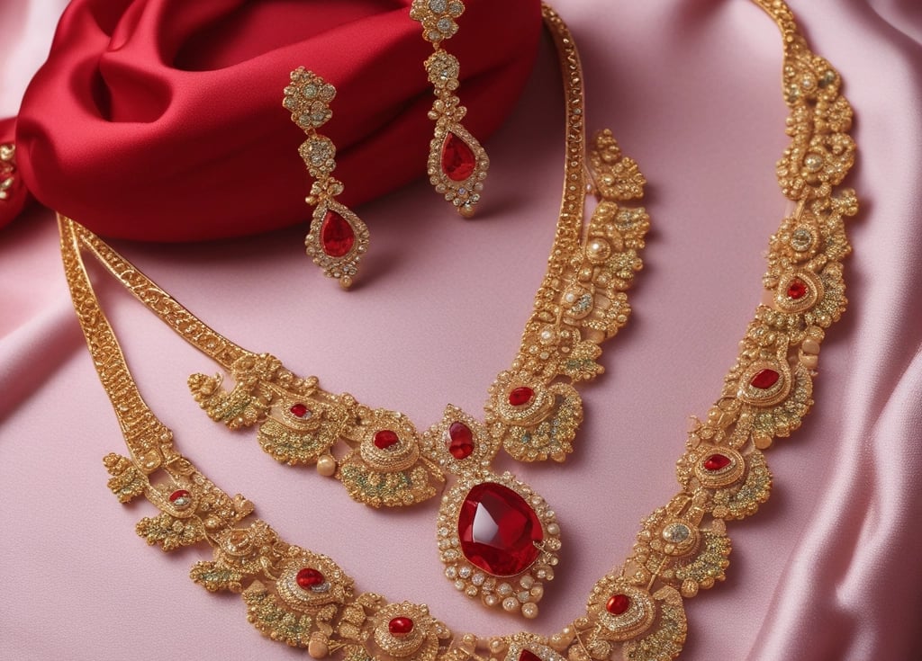 A close-up of beautifully handcrafted jewellery pieces showcasing intricate designs and sparkling gemstones.