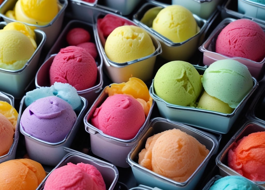 Ice cream cups with the label Delicious Ice Cream are stacked on a reflective surface. The background is a mix of colorful and blurred lights, giving a festive or carnival-like atmosphere. There is a red object to the right, possibly part of a vending machine or a counter, with the number 25 displayed digitally.