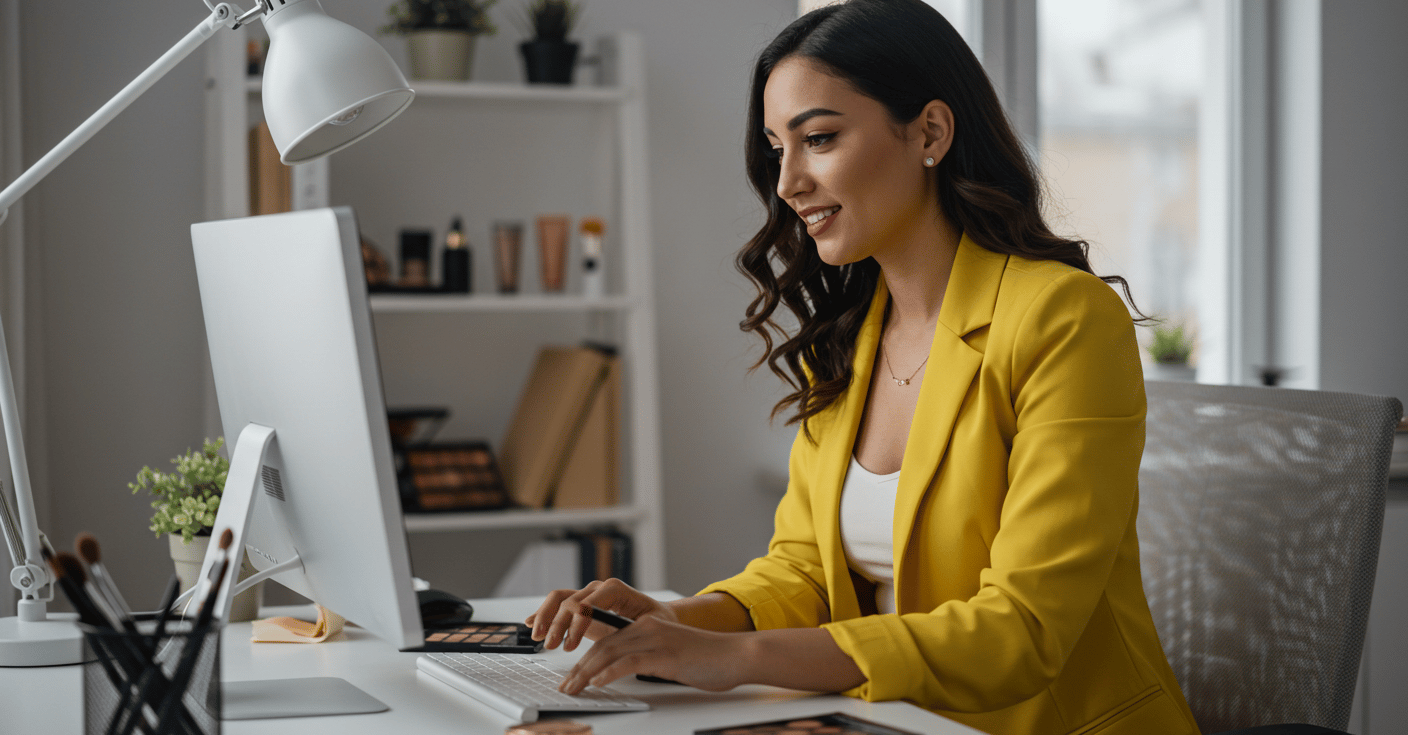 a woman in a yellow jacket is sitting at a desk