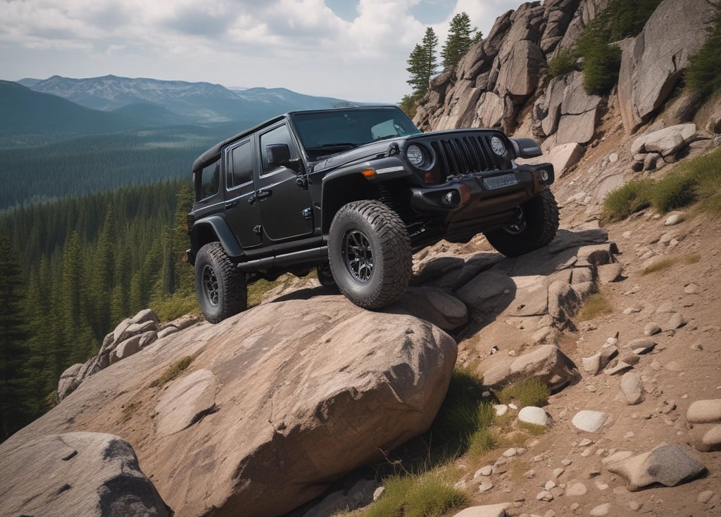 A vintage-style off-road vehicle is prominently displayed from the front on a minimalistic, uniform olive green background. The vehicle is tan with a sturdy frame, circular headlights, and rugged tires, creating a sense of adventure and durability.