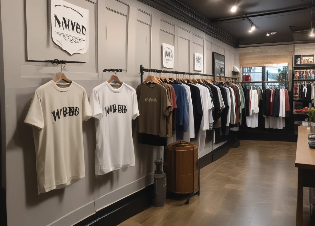 The entrance of a clothing store made of glass and metal, featuring rows of trendy jackets inside. A notable statue with a stylized design stands near the entrance, and a red and white brand sign is prominently displayed above.