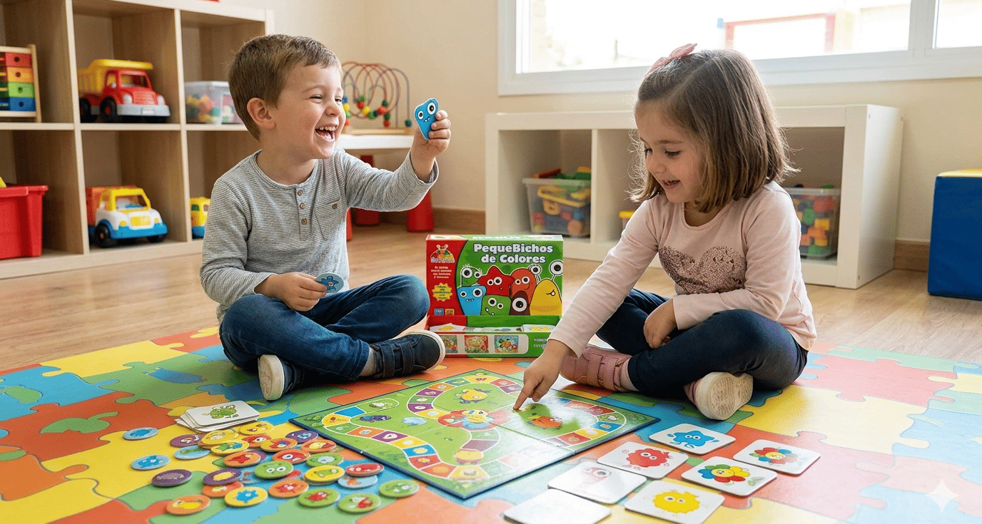 Niños de Preescolar jugando juegos de mesa didácticos educativos de la marca pequedivertido
