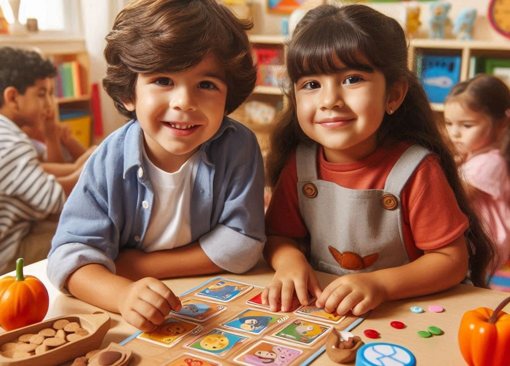 Niños de Preescolar jugando juegos de mesa didácticos educativos de la marca pequedivertido