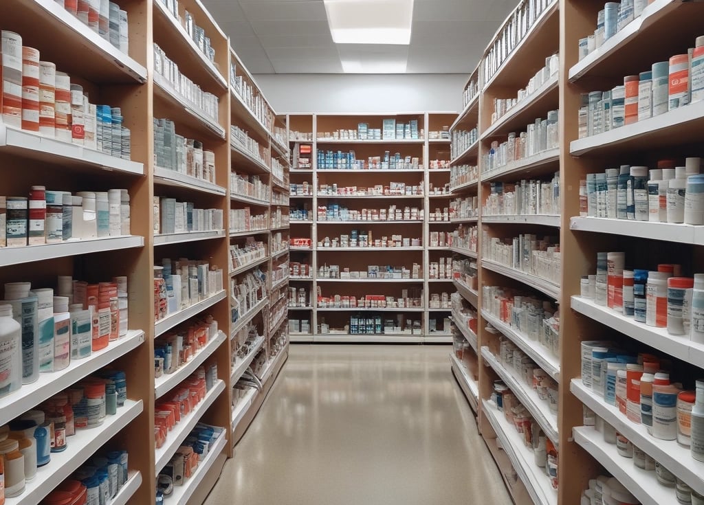 Several people are standing at a pharmacy counter with a selection of medications displayed behind a clear glass partition. The store has a modern design with bright lighting and digital displays showing numbers above each counter.