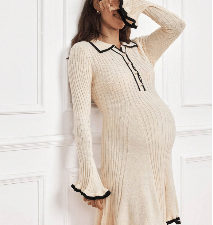 Christmas maternity knit long sleeve sweater dress with collar, cozy holiday winter dress for pregna