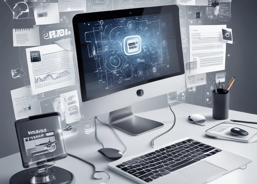 A sleek dark blue and purple themed digital workspace with icons representing AI prompts, wellness, productivity, and creator resources.