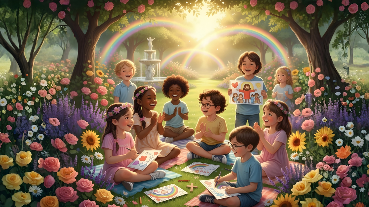 a group of children sitting on a blanket in a garden