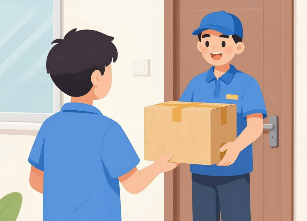 A happy customer receiving a package at their doorstep from a ShopSwift delivery person.