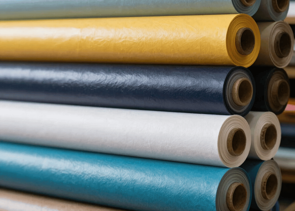 A vibrant display of colorful advertising materials including vinyl rolls, banners, and plotter paper arranged neatly on a bright orange background.