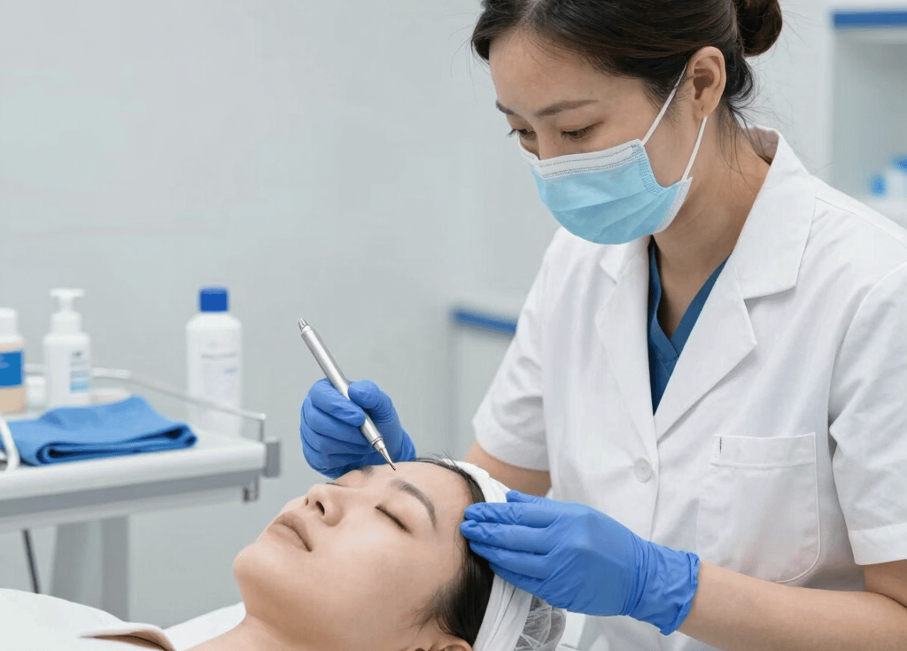 Close-up of a serene woman receiving a gentle facial treatment in a modern clinic