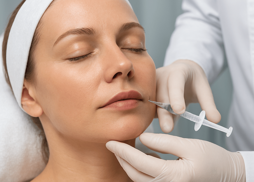 Close-up of a serene woman receiving a gentle facial treatment in a modern clinic