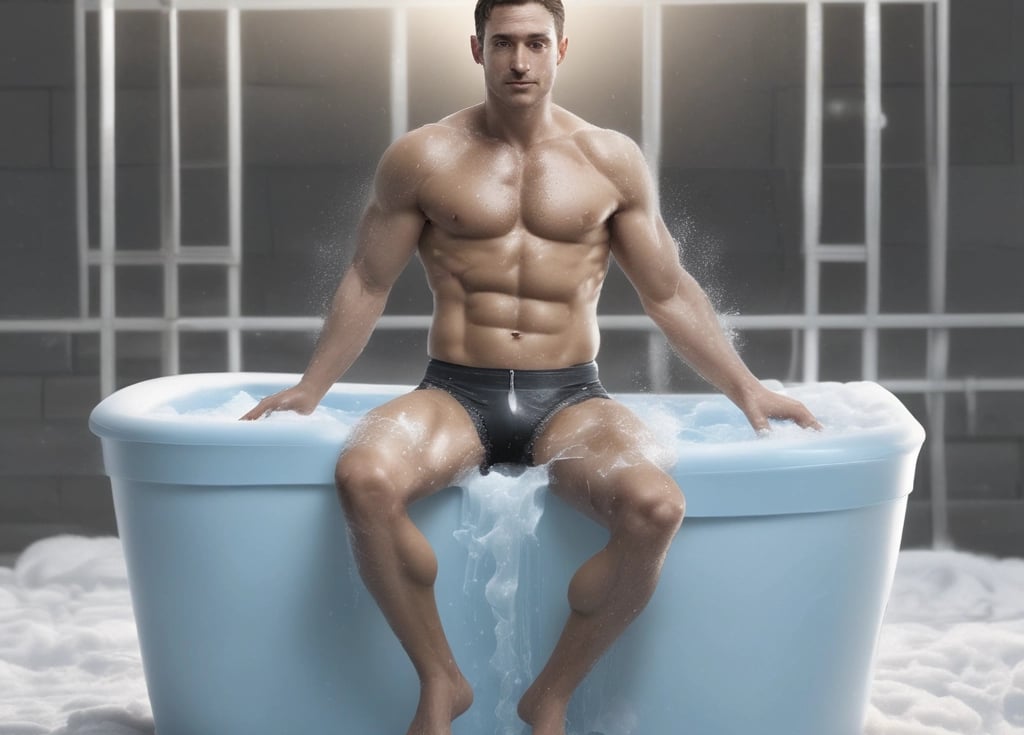 A person is submerged in a tub filled with ice, wearing a black swimsuit. The scene is set outdoors near a garage, with power lines visible in the background.