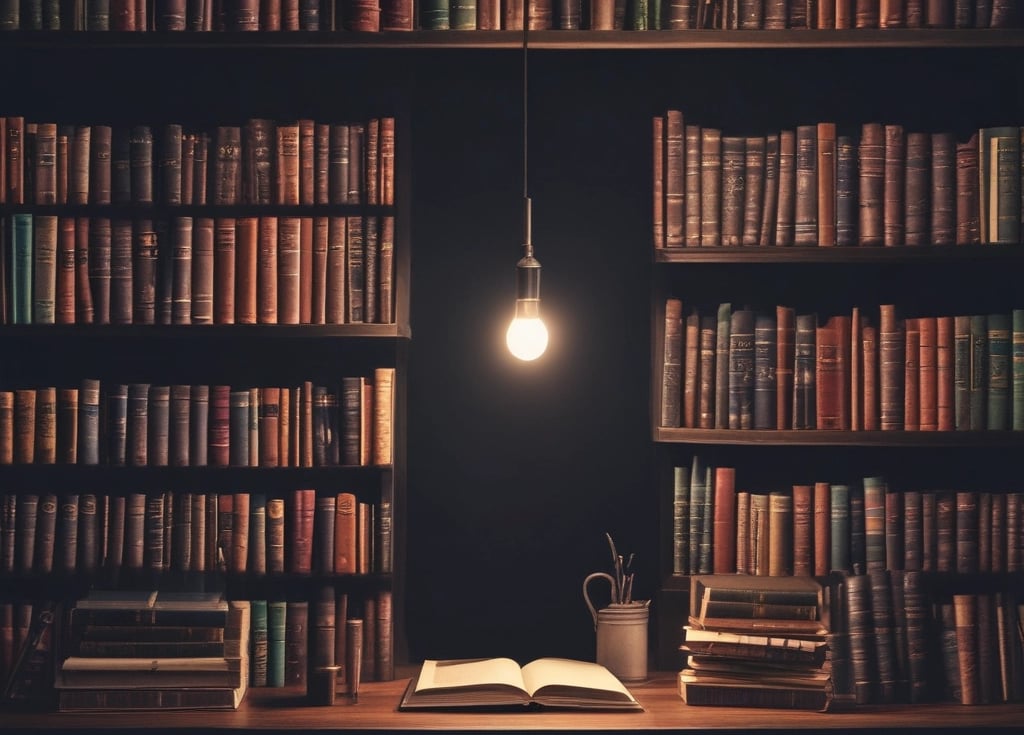 A bookstore with shelves filled with a variety of books arranged neatly. There is a table in the foreground stacked with several different books with colorful covers, featuring notable authors and titles. Books are stacked both vertically and horizontally, showcasing different genres.