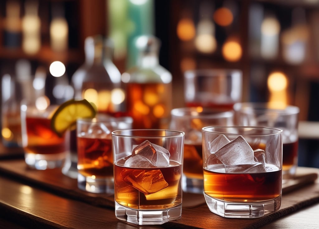 A selection of various alcoholic beverages arranged on a wooden table.