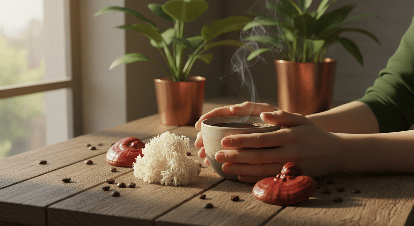 a person holding a cup of coffee and a cup of coffee