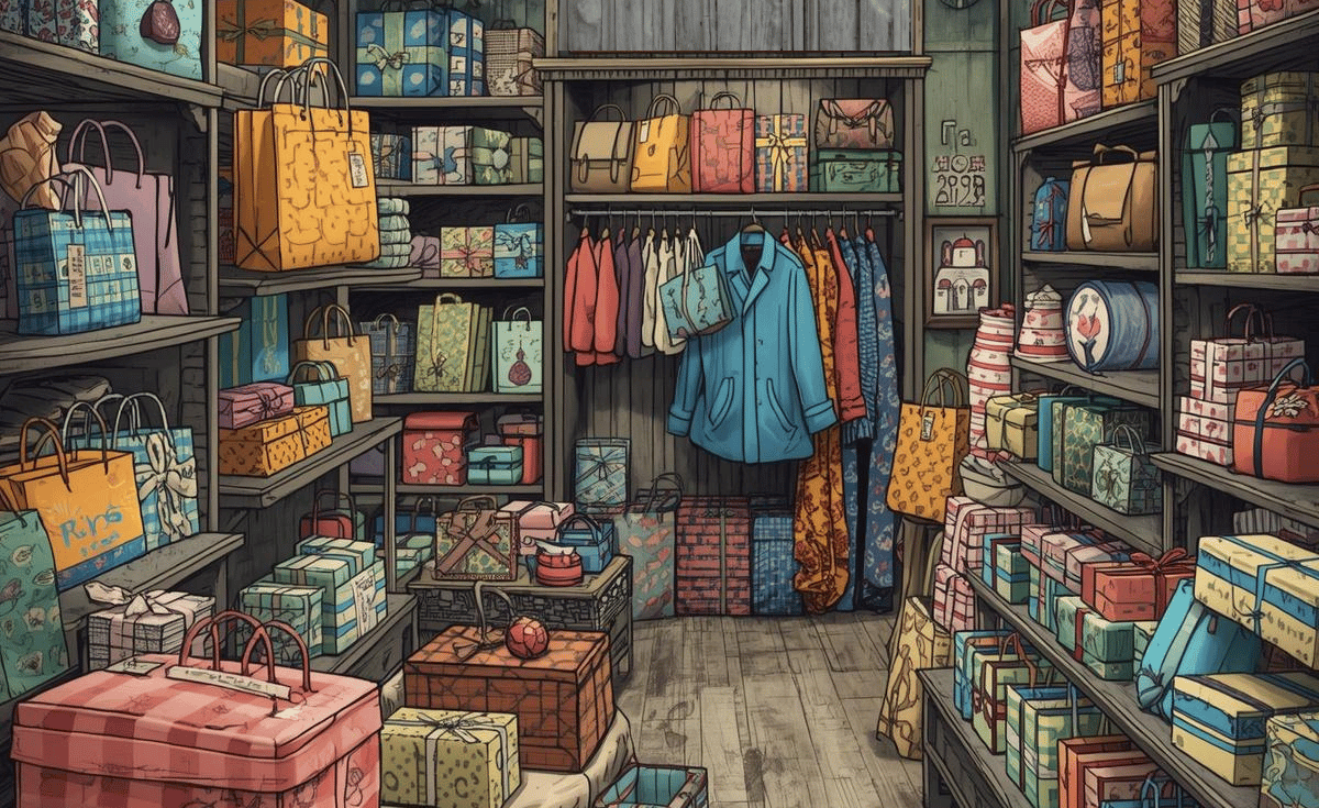 Rays Gift Shop showing shelves of colorful gift boxes, shopping bags, and boutique clothing.