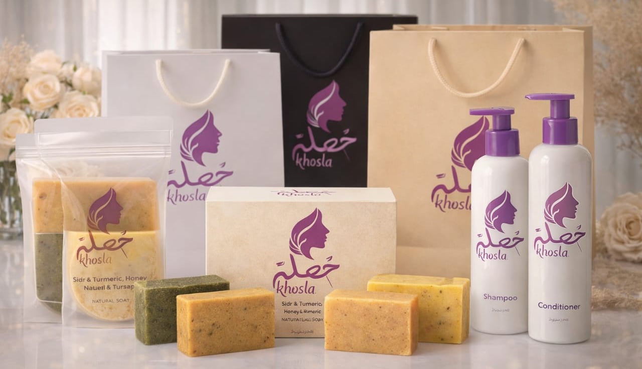 Khosla natural hair care products including sidr and turmeric soaps, shampoo, and conditioner with branded packaging.