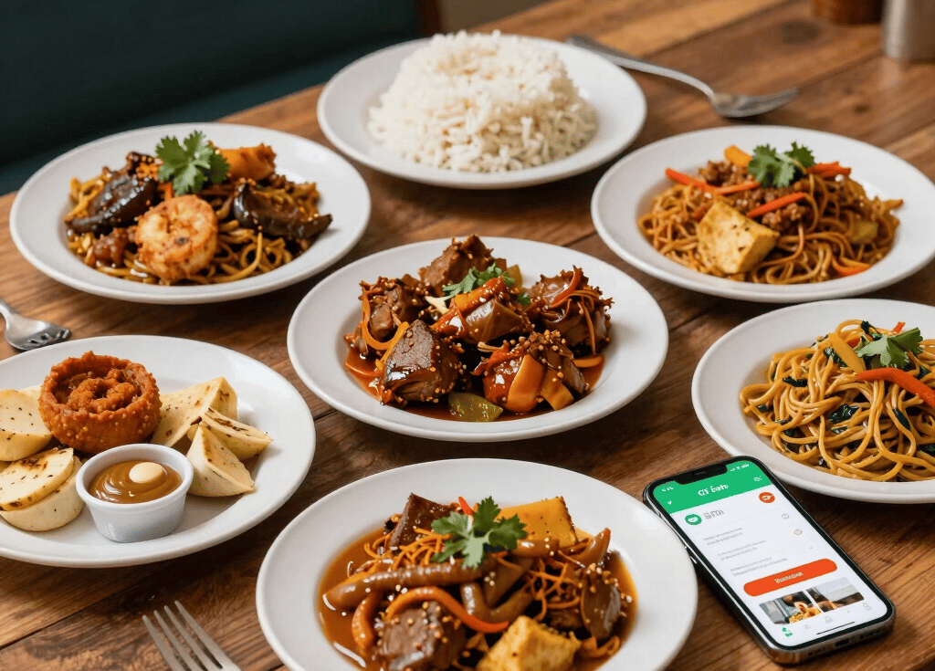 A vibrant, mouth-watering spread of Guyanese dishes arranged on a rustic wooden table, with a smartphone showing the GT Eats app open for ordering.