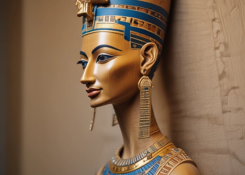 profile of a finely carved sculpur of Nefertiti