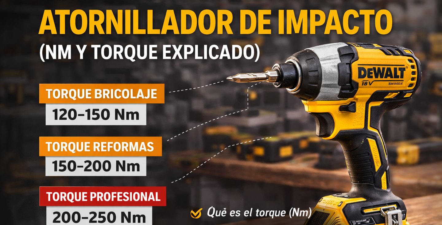 Guía de torque en Nm para atornillador de impacto DeWalt 18V según uso profesional o bricolaje.