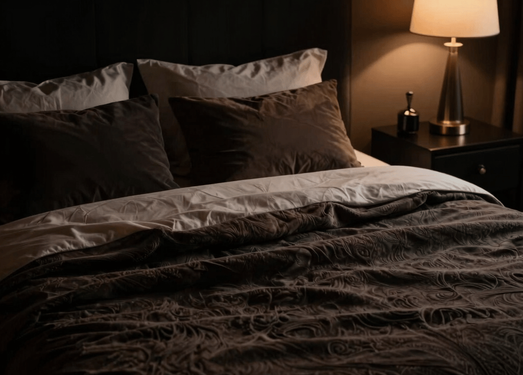 A sleek, modern bedroom setting with soft lighting highlighting a discreet adult product on a nightstand.