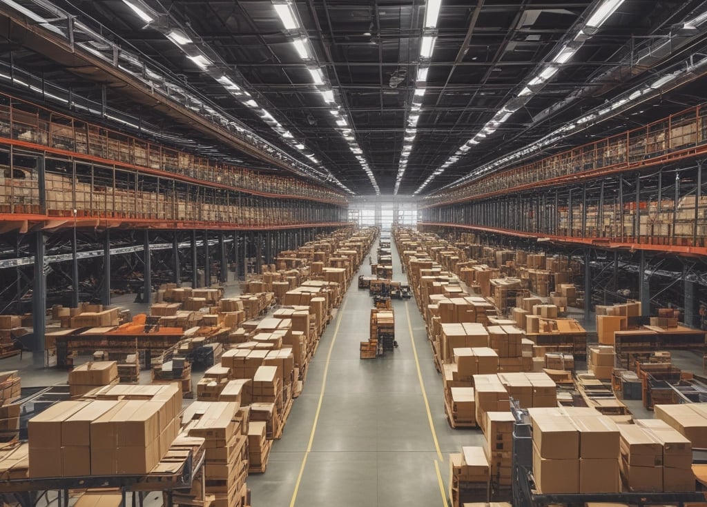 um galpao com muitas caixas e movimentacoes