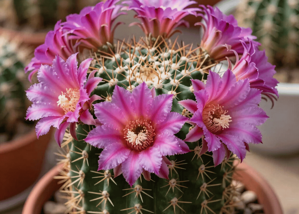 Close-up of vibrant succulent and cactus seedlings sprouting in small pots under natural sunlight