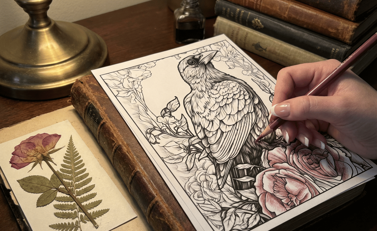 Hand coloring a detailed bird and floral illustration on a vintage desk with old books.