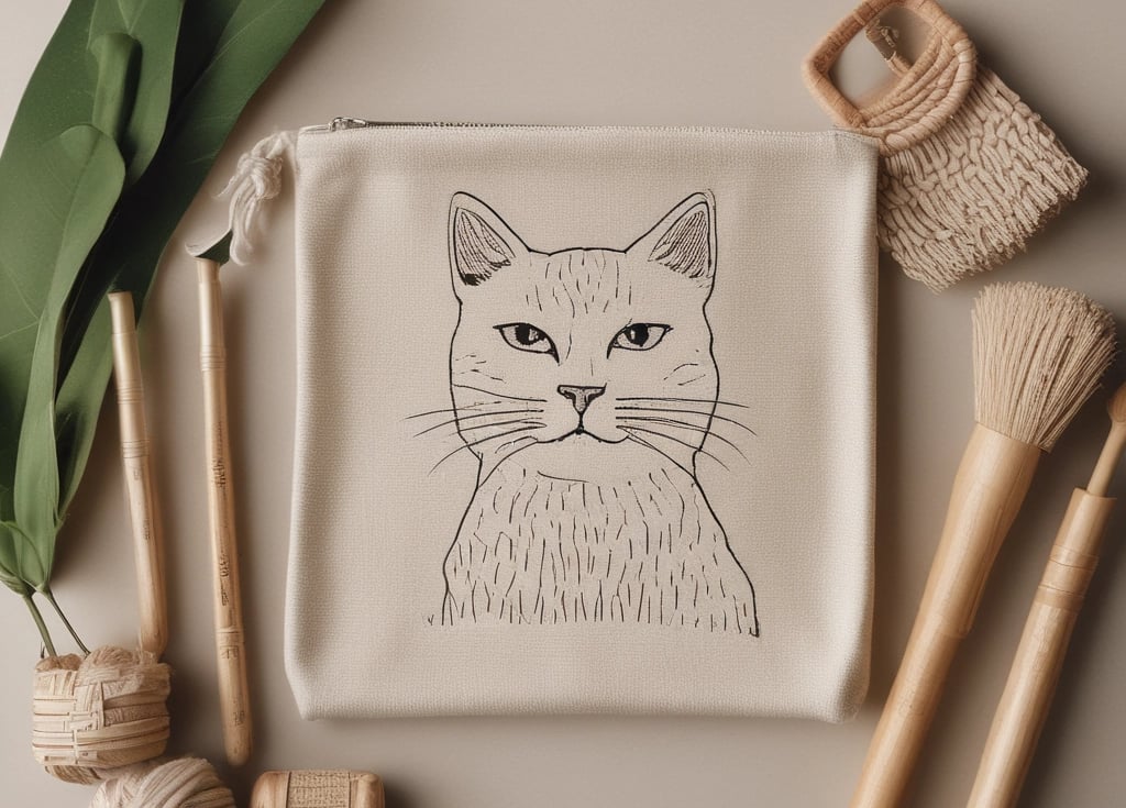 A cozy, minimalist cotton pouch with a custom cat photo, surrounded by natural wooden brushes and sisal toys.