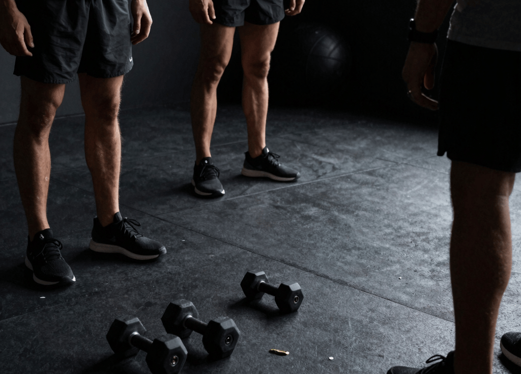 A vibrant display of essential gym gear including weights, resistance bands, and a water bottle arranged neatly on a workout mat.