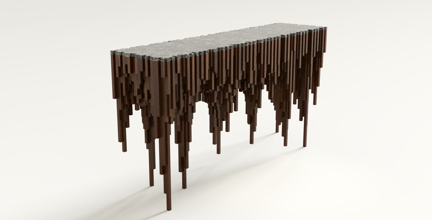 Rutile console, sculptural furniture with walnut prismatic columns descending from a fractured black marble top