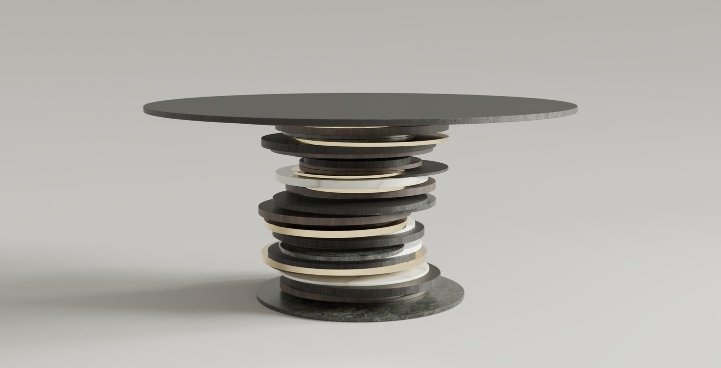 Table ronde Stratum en noyer, labradorite, marbre blanc, moabi et laiton poli.