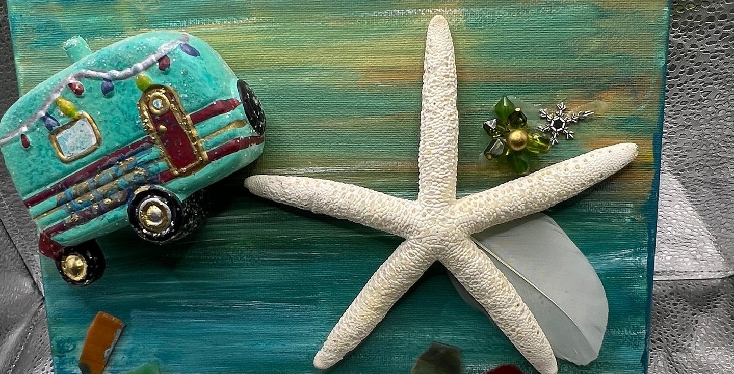 Handmade mixed media canvas art featuring  a vintage camper, starfish, and colorful sea glass.