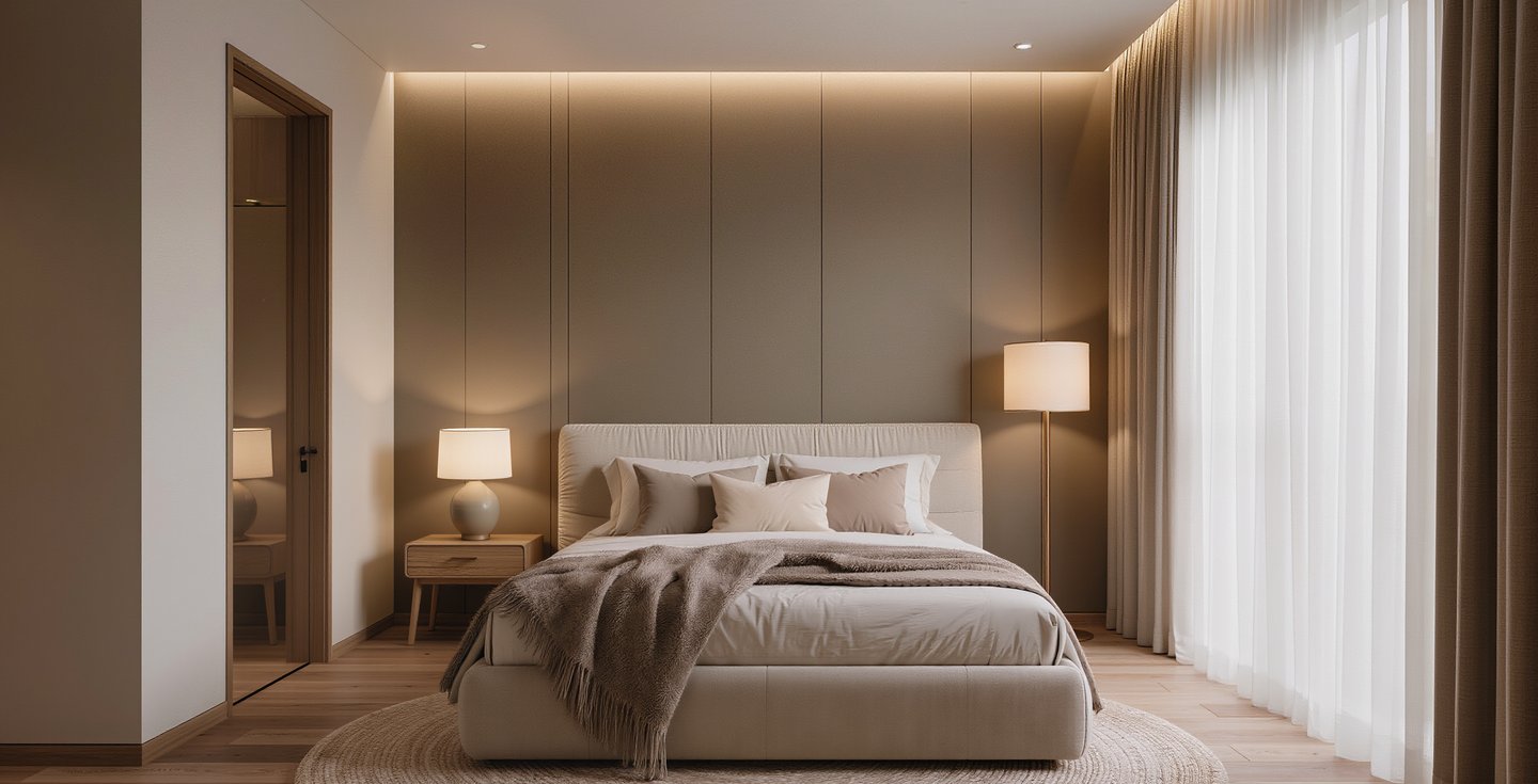 Cozy modern bedroom with warm lighting and neutral tones