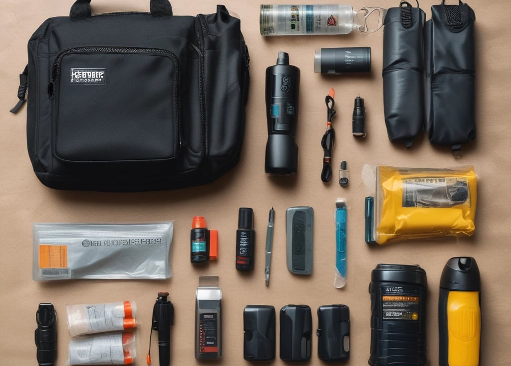 A confident woman holding a compact safety kit, standing in a warmly lit urban setting.