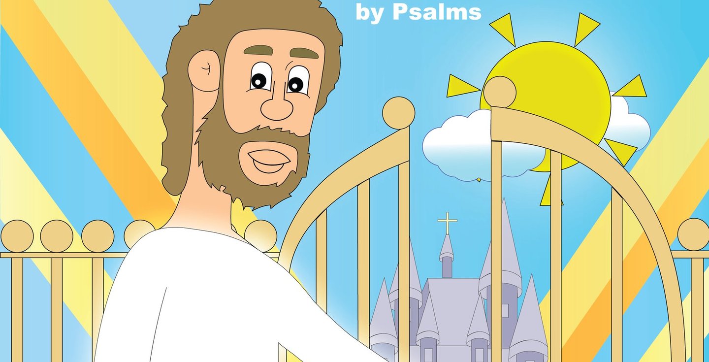 Jesus coloring book cover featuring a cartoon Jesus at the gates of heaven with a sun and castle.