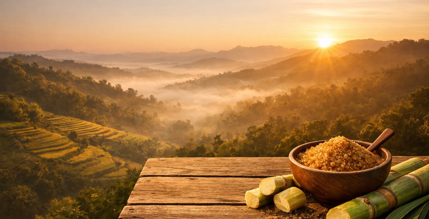 premium natural brown sugar Bangladesh with sugarcane and hill landscape sunrise