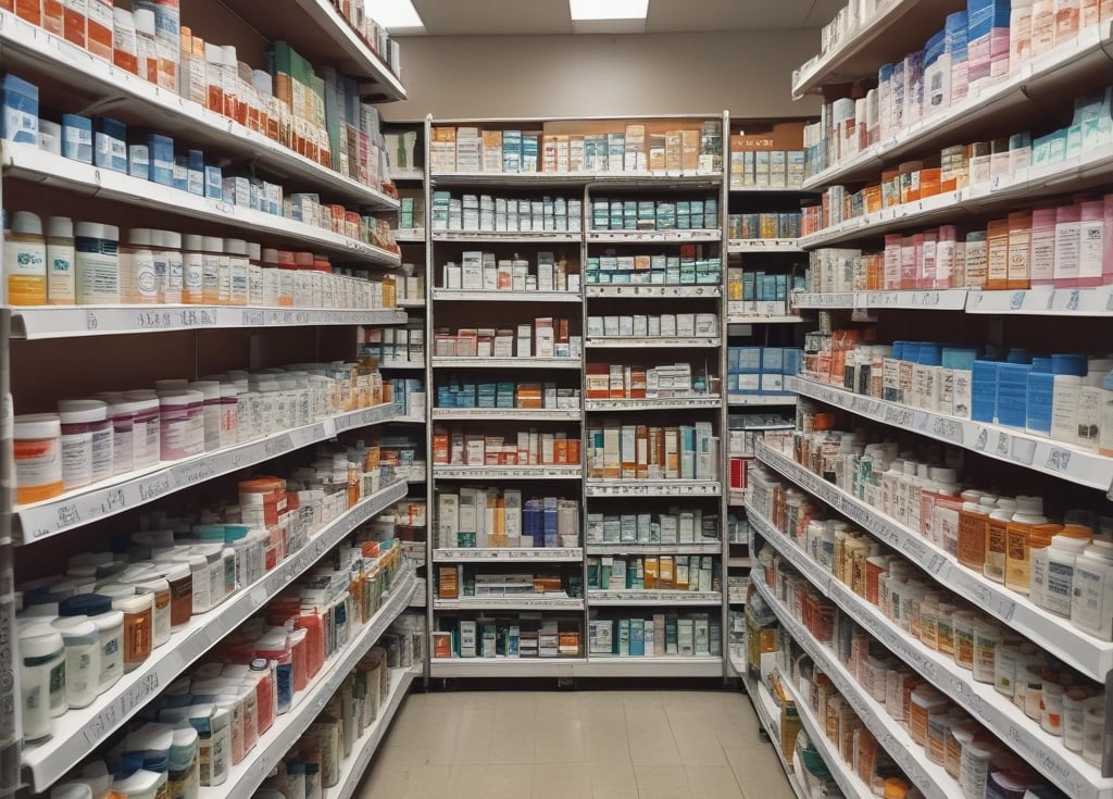 A shelf filled with various bottles of medication, each labeled with different drug names and dosages. The labels are primarily white with some colorful accents. The bottles vary in size and shape, typical of a pharmacy or medical supply setting.