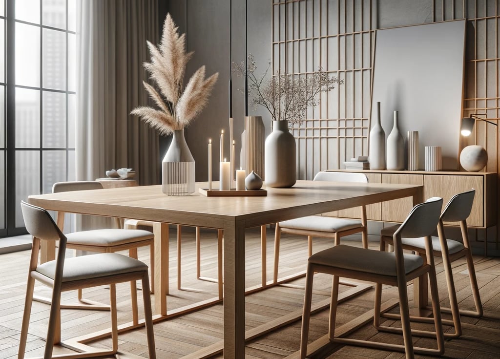 furnvilla's AI dining room table with a vase of flowers and vases