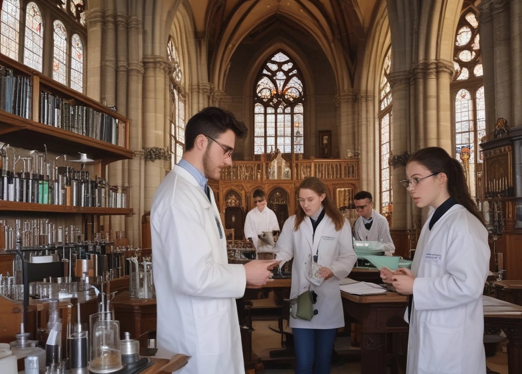 A serene classroom setting with students engaged in learning about science and scripture.