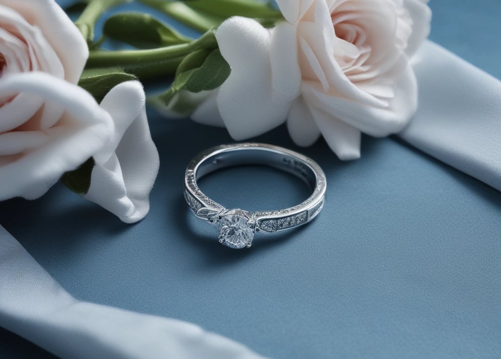 A close-up of a sparkling diamond ring on a soft fabric background.
