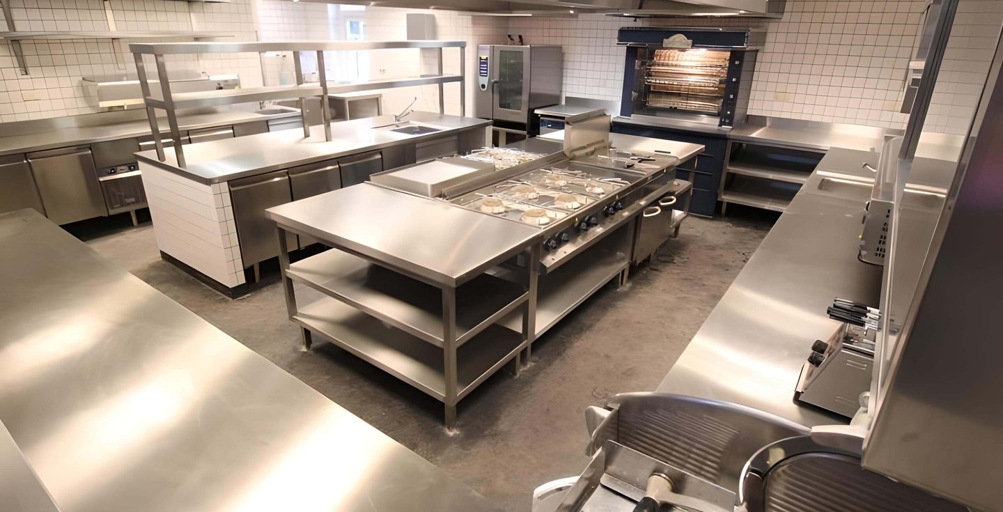 Fully equipped kitchen with gleaming Prosumer grade stainless steel appliances and surfaces.