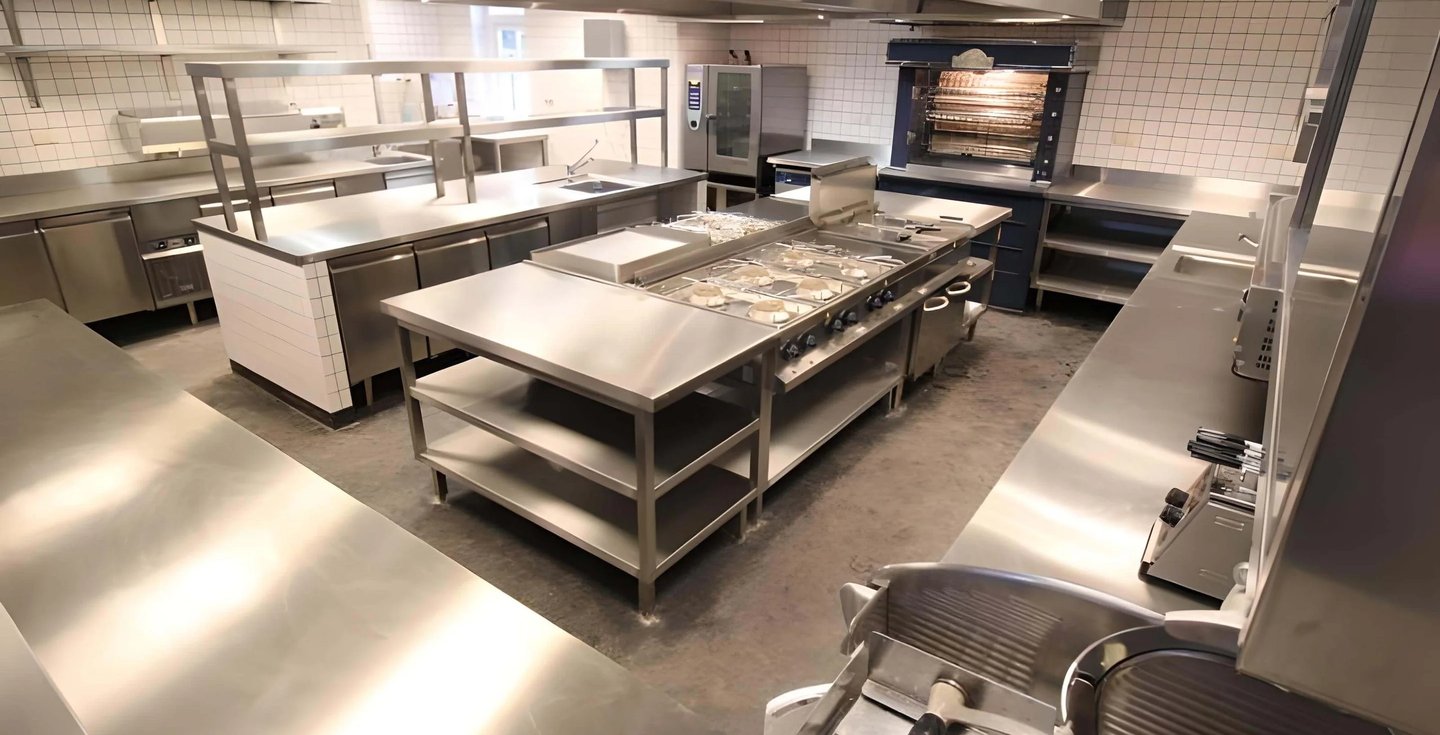 Professional kitchen featuring a custom stainless steel bench Brisbane.