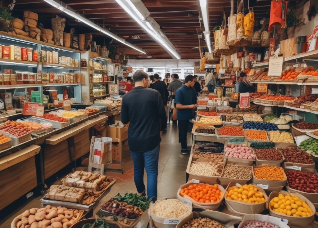A busy grocery store aisle filled with shelves stocked with a variety of snacks and packaged goods. People browse the selection, with numerous jars containing various dried foods in the foreground. Cardboard boxes are stacked above the shelves, and fluorescent lighting illuminates the space.