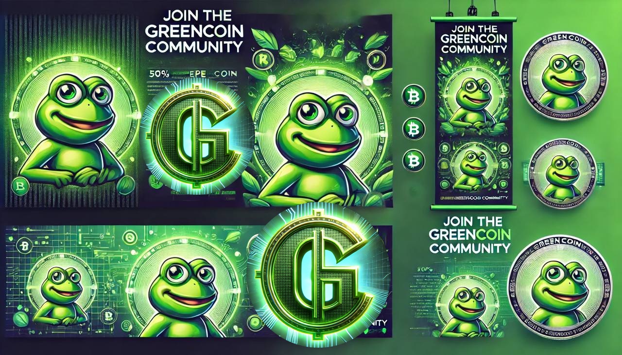 A vibrant and futuristic GreenCoin banner featuring a sleek, eco-friendly design. The artwork highli
