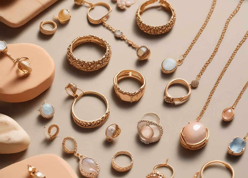 A delicate assortment of minimalist jewelry pieces displayed on a soft pastel fabric.