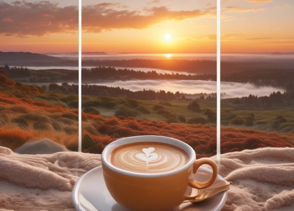 A cozy setup featuring blankets and mugs.