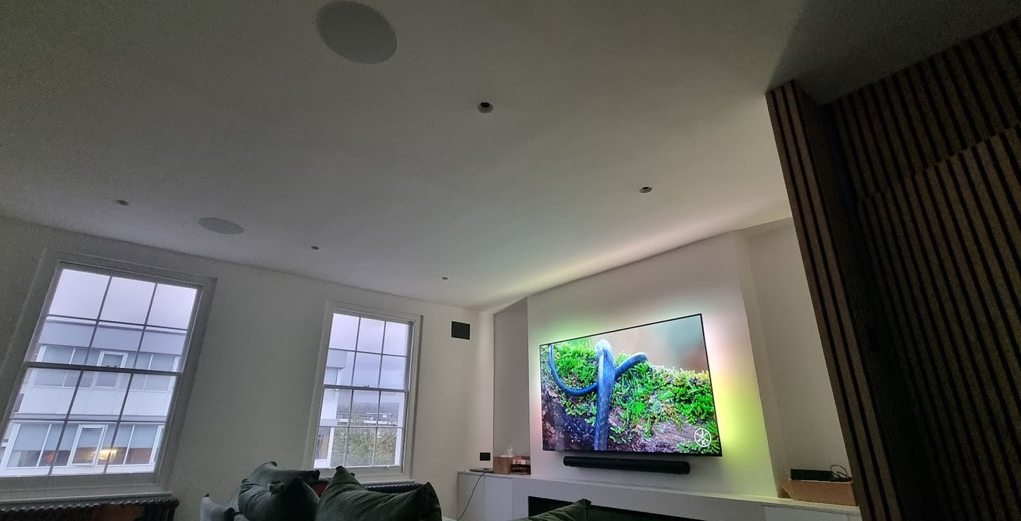 MountMyTV - Phillips 65" Ambilight TV with Sonos Arc and in-ceiling integration